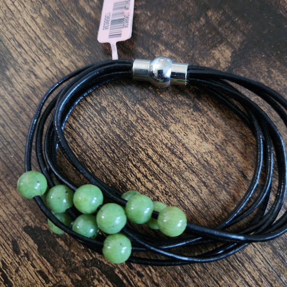Black Faux Leather Bracelet with Green Agate Stone Beads